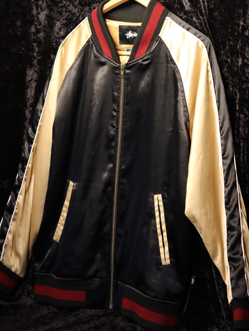 Stussy Black and Cream Satin Bomber with Red Trim